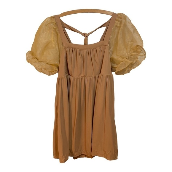 ENtro Tan Maternity Mini Dress with Sheer Puff Sleeves - Size L - Picture 1 of 6